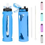 Glass Water Bottle with Straw and Flip Lid, Motivational Water Bottles with Time Marker Reminder and Silicone Sleeve, Leakproof, BPA Free (32oz, Blue)