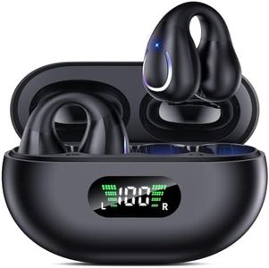 Open Ear Clip Wireless Earbuds Bluetooth 5.3, Sports Earphones Built-in Microphone with Earhooks & Ear Hook, Wireless Charging Case & Display, Waterproof Fitness Headphones for Running (Black)