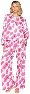Badgley Mischka Floral Silky Satin Long Sleeve and Wide Leg Pajama Set Rose