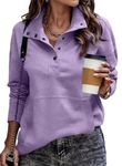 SHEWIN Womens Fall Fashion 2024 Casual Long Sleeve Solid Lightweight Oversized Sweatshirt Loose Button Fall Sweatshirts for Women,US 12-14(L),Purple