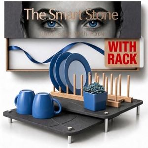 Nested Dish Drying Stone Mat with Bamboo Rack | Large 16"x12" Dish Drying Mat plus 13"x12" Diatomaceous Earth Stone Mat | Expands to 29” x 12” | Premium Stone Mat for Kitchen Counter (Dark Gray)