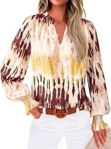 MASCOMODA Womens Boho Floral Long Sleeve Loose Chiffon Blouses
