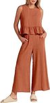 ANRABESS Women Summer 2 Piece Outfits Sleeveless Tank Crop Top Wide Leg Pants Linen Jumpsuits Lounge Matching Beach Sets Orange Rust Small