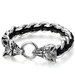 JewleryWe Stainless Steel Mens Wolf Head Curb Chain Bracelet Interwoven with Black Genuine Braided Leather