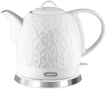 Ceramic Electric Kettle, 1L capacity, 1000-1200W rapid heating, Boil-dry protection, Auto shut-off, Detachable swivel base, Elegant white relief carving, Perfect for 6-7 cups