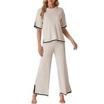 Jetjoy 2 piece Women Outfit Travel Lounge Sweater Set Short Sleeve Pullover Tops Wide Leg Pants Knit Cord Sets Tracksuits