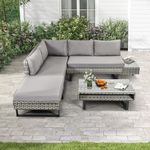 DWVO Patio Furniture Set, Sectional L-Shaped Sofa, for Patio Backyard Poolside Porch, Wicker Conversation Set with Coffee Table & Cushions, Detachable Lounger, All-Weather Rattan, Grey