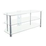 MAHARA Glass Corner TV Stand – Universal Clear Glass TV Unit 114cm wide with Glass Shelves and Cable Management – TV Floor Stand Suitable for up to 55” TVs and Max Weight 45Kg