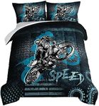 HOSIMA Dirt Bike Comforter Motocross Rider Bedding Set for Race Car Bed,American Flag Motorbike Comforter for Queen Size Bed Extreme Sport Bedding Set for Boys Teens Mens Bedroom Essentials.