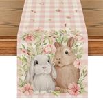 Artoid Mode Bunny Rabbit Flowers Leaves Pink Buffalo Plaid Easter Table Runner, Spring Kitchen Dining Table Decoration for Home Party Decor 13x72 Inch