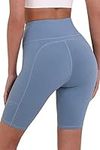 TCA Women's Equilibrium Yoga Workout Athletic Gym Running High Waisted Short with Phone Pocket - Blue Shadow, L