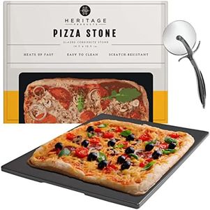 Heritage Square Pizza Stone - Pizza & Bread Baking Stones For Gas Grill, Oven Baking - Black Ceramic Pan, Stainless, No-Smoke - Wheel Pizza Cutter - Housewarming Gifts