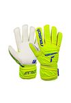 Reusch Jungen Attrakt Junior Unisex Goalkeeper Gloves with Outseam Cut and Solid Coating, Suitable for All Playing Field Surfaces, Football Gloves for Children, Safet Yellow/DP Blue/Whit, 7