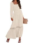 ZESICA Women's 2024 Boho Long Sleeve Square Neck Smocked High Waist Flowy A Line Lace Trim Maxi Dress, Apricot, Small