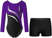 CHICTRY Kids Girls Sparkly Rhinestones Long Sleeve Gymnastics Leotard Ballet Dance Biketard Unitard with Athletic Shorts Set Purple&Black 9-10 Years