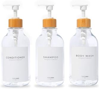 MaisoNovo Refillable Shampoo and Conditioner Bottles | 16.9 fl oz Set of 3 Clear Plastic Bottles White Bamboo Pumps