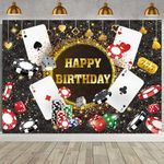 Casino Birthday Backdrop Las Vegas Casino Night Party Background for Casino Theme Poker Dice Gold Glitter Happy Birthday Party Decorations Banner (10x8FT(120x96 inch))