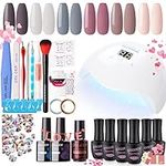 Gellen Gel Nail Polish Kit with UV Light 54W Nail Dryer, 6 Colors Fall Winter Nude Gray Pink Gel Polish, No Wipe Top Base Coat, Nail Art Decorations, Manicure Tools, All-In-One Manicure Kit