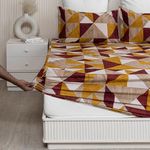 HOMEMONDE 100% Cotton Fitted Bedsheet 84 x 78 Inch with 2 Pillow Covers TC Printed Wrinkle Free All Over Flat Fitted Sheet King Size - (Fit Upto Mattress - 10 Inch, Red & Mustard)