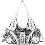 Angelkiss Women Multiple Pockets Purses and Handbags Washed Leather, Two Top Zippers Closure, White-leopard