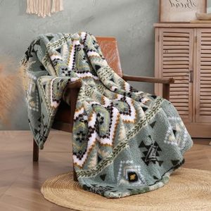 CASAAGUSTO Boho Sherpa Throw Blanket, Aztec Throw Blanket,Ultra Soft, Warm, Cozy, Plush, Thick Fleece Throw Blanket for Couch, Bed, Sofa (Olive Green 50 * 60 Inch)