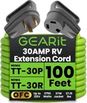 GearIT 30-Amp Extension Cord for RV and Auto, (100-Feet) 3-Prong 125-Volt 10/3 STW 10AWG Gauge 3 Wire, NEMA TT-30P to TT-30R, Outdoor Camper Power Cord