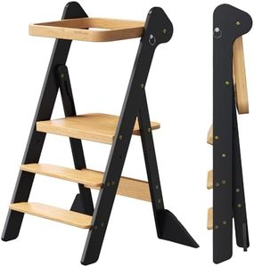 COSYLAND Foldi Foldable Toddler Kitchen Stool Helper - Adjustable Height Toddler Standing Tower with Net & Safety Feet, IF Award-Winning Wooden Learning Step Tower for Kids 18M-6Y, Black & Natural