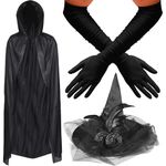 3pc Witch Costume - Witches Costume Women Set with Black Hooded Cloak, Long Black Gloves and Lace Witch Hat - Witch Accessories Women Halloween Costumes Adults - Witch Costume Adult Women