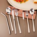 UMAI Portable 7-Piece Stainless Steel Food-Grade Utensil Set - Travel-Friendly | Camping Cutlery | Reusable | Easy to Carry | Ideal for All Occasions | Durable and Practical (Brown Cover)