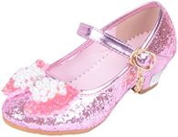 O&N Girls Kids Childrens Bow Low Heel Party Wedding Mary Jane Glitter School Dress Shoes A-pink 9 M US Toddler