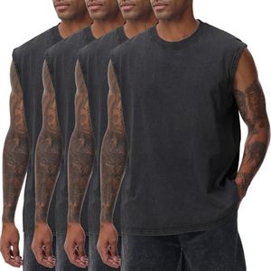 SnowElve 4 Pack Mens Workout Tank Tops Sleeveless Tee Shirts Men Muscle Shirt Gym Acid Wash T Shirts Running Beach Loose Fit Tee(BK-4PC,2XL)