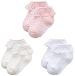 Durio Baby Ruffle Socks Baby Girl Socks Super Soft Lace Socks for Baby Girls Cute Baby Girl Ruffle Socks AA White & Ivory & Pink 3-12 Months