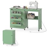 COSTWAY Sewing Machine Table with Charging Station, Folding Sewing Cabinet w/Lockable Casters, 3-Tier Shelf, Middle Rack, Magnetic Door, Small Sewing Desk for Home Apartment, Studio (Sage Green)