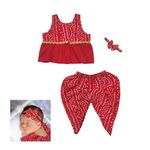 The Root And Craft Kids Birthday Photoshoot Outfit Dress Girls Bandhani printed Top With Dhoti pant & Hairband Born Baby Photography Photoshoot Props(0 to 3 Month) (Red, 0-3 Month)