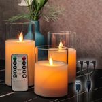 NICE POINT LED Flameless Candle,Rechargeable Flashing Pillar Real Wax Candle with Remote Control and Timer, Swingable Candle Wick, White Clear Glass Electronic Candles for Room Decor, Pack of 3