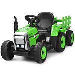 Costzon Ride on Tractor w/ Trailer, 12V Battery Powered Electric Vehicle Toy w/ Remote Control, 3-Gear-Shift Ground Loader, Treaded Tires, USB, LED Lights, Audio, Safety Belt, Kids Ride on Car (Green)