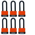 KAWAHA Set of 6 Waterproof Long Shackle Aluminum 92/40L-6P Padlocks with Key (Ultralight Identical Keys, Aluminum Housing with Thermoplastic Case) for Garage Fence
