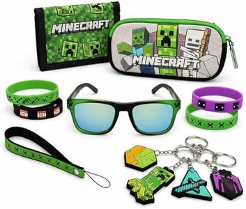 MINECRAFT Fan Bundle | Official 10 PC Gift for Minecraft Builders | Wallet, Sunglasses, Case, Wristbands & Charm Keychain | Size Kids