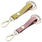 2 Pack Genuine Leather Keychain, Wisdompro Heavy Duty Key Chain with Belt Loop Clip and 2 Keyrings for Keys - Rose Gold and Yellow-green