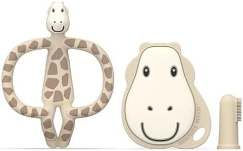 Matchstick Monkey, Antimicrobial Teething Starter Set - 1 Flat Face Teether, 1 Animal Teether, 2 Silicone Finger Toothbrushes, 3 Months Old+, Gigi Giraffe