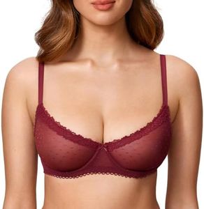 Dobreva Women's Balconette Lace Bra See Through Demi Sheer Mesh Plus Size Underwire Dark Red 38C