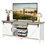 CASART Wooden TV Cabinet, 3 Tier TV Console Table with Sliding Barn Doors and Shelves, Rustic Media Entertainment Center for Living Room Bedroom Office (White)