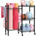 VINITLY Home Gym Storage, Yoga Mat Storage Rack, Gym Equipment Storage for Yoga Mats, Foam Roller, Dumbbells, Kettlebells and Resistance Bands, Workout Equipment Organizer with Wheels