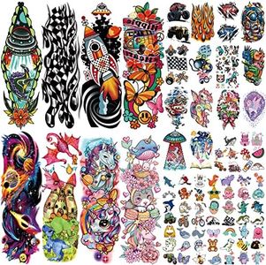 Kids Full Arm Temporary Tattoo 52 Sheets Realistic Fake Tattoos Sleeves for Boys and Girls Suitable for Parties Activities, Rainbows, Unicorns, Rockets, Dinosaurs Waterproof Tattoos Stickers