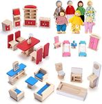 Dollhouse Furniture Wooden Doll House Furnisher 5 Set and 7 Family Dolls, Doll Wood Accessories and Furnishings for 1:12 Scale Miniature Dollhouse, Family Figures Pretend Play Toy