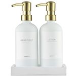 MaisoNovo Soap and Lotion Dispenser Set | 500 ml White Hand Soap Dispenser with Gold Pumps Set of 2 + Concrete Tray