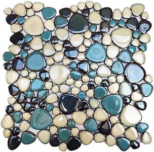 Primoon Interlocking Pebble Tiles 5 Sheets, Aqua Teal Blue Mosaic Tiles Mesh Mounted, 12x12 Waterproof Ceramic Tile Flooring for Kitchen Bath Backsplash Shower Floor Pool