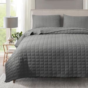 KASENTEX Quilt-Bedding-Coverlet-Blanket-Set, Machine Washable, Ultra Soft, Lightweight, Stone-Washed, Detailed Stitching - Solid Color (Dark Grey, Oversized King + 2 King Shams)