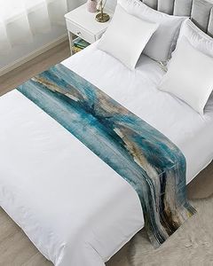 ZFUNCING Abstract Mottled Turquoise Green Gray Art Bed Runners for Bedroom Hotel,Decorative Bedding Scarf Retro Painting Bed End Blanket Bedding Runner Scarves for California King Size Bed,102x20in