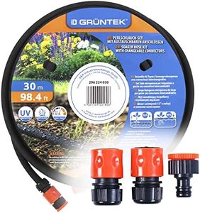 GRÜNTEK Porous Soker Hose Kit, 30 m, incl. connectors 1/2 inch, 3/4 inch, Quick-Fix, UV and Algae Protection, up to 70% Water-Saving Perl Sprinkler for Environmentally and Plant-Friendly Irrigation.